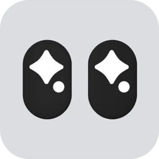 Two tall dark eyes with four-point sparkle highlights, on a pale gray tile